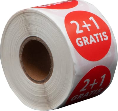 500 Etiketten Rond 2 + 1 gratis Rood - 35 mm op Rol - Kortingssticker - Reclame sticker - Ronde stickers - DULA