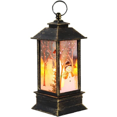 Kerstlantaarn voor buiten, werkt op batterijen, verlichte kleine windlamp, hert, sneeuwpop, engel, kerstman Small Worn Gold Snowman
