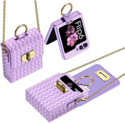 Casemania Hoesje en Telefoontasje Set Geschikt voor Samsung Galaxy Z Flip 6 - Bright Lila - Luxe Kunstlederen Set met Gevlochten Uitstraling - Back Cover met Ingebouwde Screenprotector en Crossbody Beschermingtas met Pasjeshouder