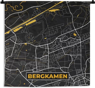 Wandkleed - Wanddoek - Duitsland – Black and Gold – Bergkamen – Stadskaart – Kaart – Plattegrond - 180x180 cm - Wandtapijt
