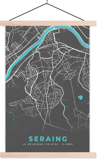 Posterhanger incl. Poster 40x60 cm - Schoolplaat - Stadskaart – Grijs - Kaart – Seraing – België – Plattegrond - Textielposter - Blanke latten - Stadskaart
