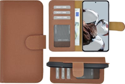 Geschikt voor Xiaomi 12T Hoesje - Bookcase - Xiaomi 12T Pro Hoesje Book Case Wallet Echt Leer Geribbeld Bruin Cover