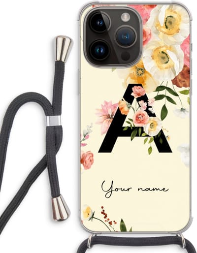 Gepersonaliseerd - Case Company® - Hoesje met koord geschikt voor iPhone 14 Pro Max hoesje met Koord - Flirty Flowers Monogram - Telefoonhoesje met Zwart Koord - Extra Bescherming aan alle Kanten en Over de Schermrand