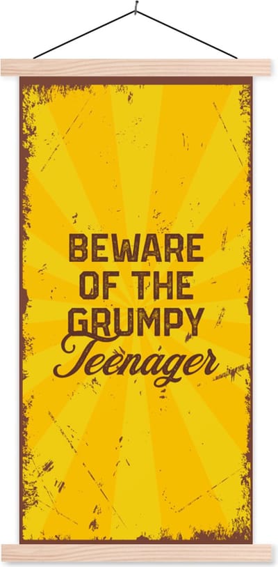 Posterhanger incl. Poster 60x120 cm - Schoolplaat - Kinderen - Quotes - Vintage - Beware of the grumpy teenager - Textielposter - Blanke latten