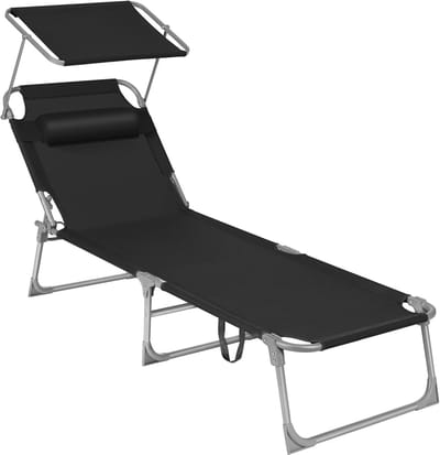 FurnStar - Ligstoel - Hoofdsteun, Zonnedak, Verstelbare Rugleuning, Opvouwbaar - 53 x 193 x 29,5 cm - Draagvermogen tot 150 kg - Voor Tuin, Balkon – Zwart