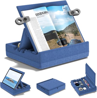 Boekenstandaard met opbergruimte - Meer hoekig lezen Tablet houder voor schoot - bed, bureau en bank- donkerblauw