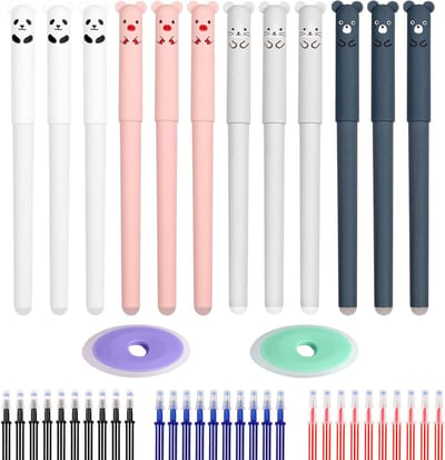 Set van 12 uitwisbare pennen met dierenmotief - 0,5 mm gelpen met 30 navullingen en 2 gummetjes voor kinderen en schoolgebruik