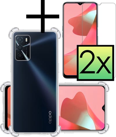 Hoesje - Met Screenprotector - 2 Stuks - Geschikt voor OPPO A16 - Sterk & Shockproof - Siliconen Case - Back Cover - Telefoon Hoes - Shock Proof - Transparant