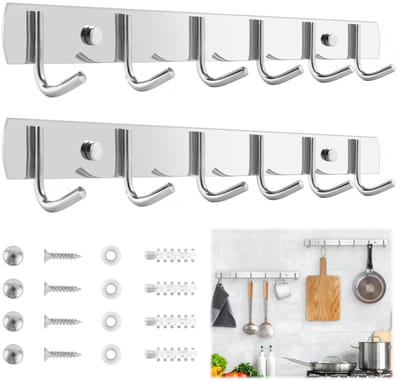 2 stuks Haaklijst Keuken, Garderobehaken met 6 Haken, Kleerhaken Roestvrij Staal, Haaklijst Keuken 32cm Garderobe Leiste, Kleerhaken Wand Voor Keuken, Badkamer, Woonkamer En Hal