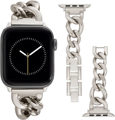 Stravo Metalen Chain Horlogebandje – Geschikt voor Apple Watch 42mm (Series 11/10), 41mm (Series 7/8/9), 40mm (Series 4/5/6, SE 1/2/3), 38mm (Series 1/2/3) – Sieraden Horlogeband met Grove Schakelketting – Starlight