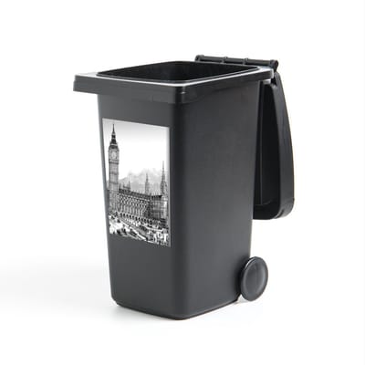 Container sticker Big Ben illustratie - Zwart-wit illustratie van de Big Ben - 40x60 cm - kliko sticker - weerbestendige containersticker
