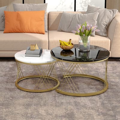 MODENUIT Salontafelset - Ronde Nesttafels Voor Woonkamer En Balkon - MDF Met Marmormotief - Zwart - 70x70x45 cm