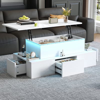MODENUIT Salontafel - Hefbaar Met LED, 4 Laden En Opbergvak - Voor Woonkamer - MDF Hoogglans Wit - 100x50x40 Cm