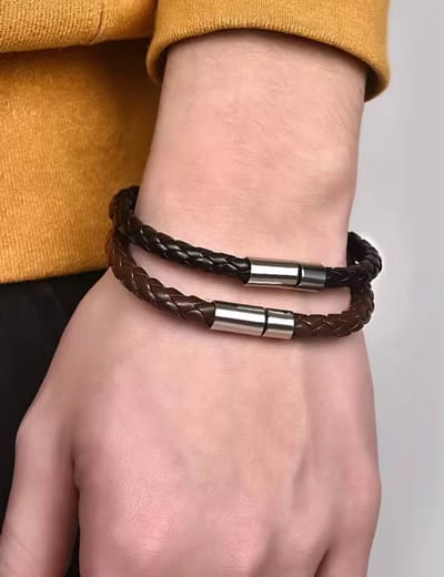 Leren Armband Set | Heren | Magneet Sluiting | Leer | Zwart&Bruin 21cm | 2 Armbanden | Cadeau voor hem | verjaardag man