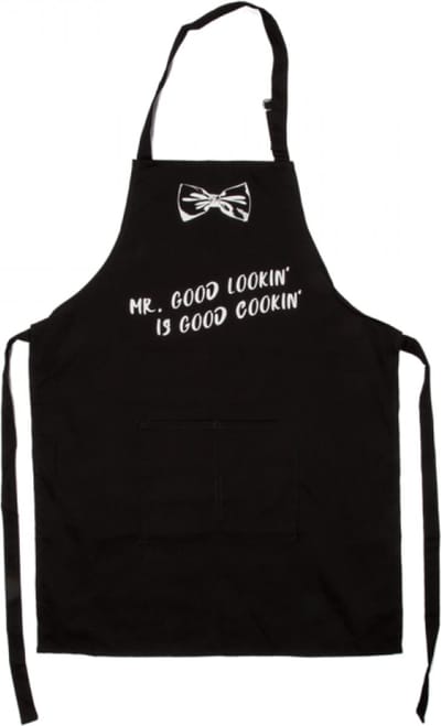 Kookschort zwart met opschrift: Mr. Good lookin' is good cookin'