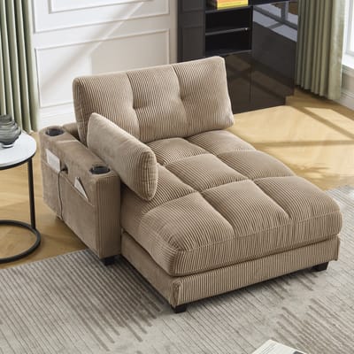 MODFU Loungestoel - Verstelbare Hoofdsteun En Bekerhouders - Modern - Voor Woonkamer Of Slaapkamer - Ribfluweel - Khaki