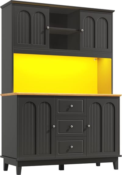 MODFU Hochschrank met LED-Verlichting en App-Bediening (120x40x180 cm), Moderne Kast met 4 Deuren en 3 Lades, Keukenvitrine met Muzieklichtfunctie en Kipbeveiliging
