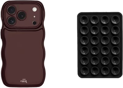 xoxo Wildhearts Telefoonhoesje Glossy Wavy Case Burgundy + Telefoonsticker Stick On Me Square Zwart – geschikt voor iPhone 17 Pro