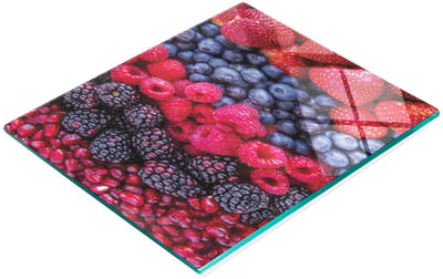 Decoratieve glazen snijplank voor in de keuken, aardbei- en bosbessenmotief, 60x52 cm
