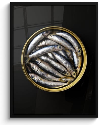 Poster in lijst - Fotolijst 50x70 cm - Posters - Sardines - Vissen - Rond - Zwart - Posterlijst zwart - Decoratie - Wanddecoratie woonkamer - Muurdecoratie slaapkamer
