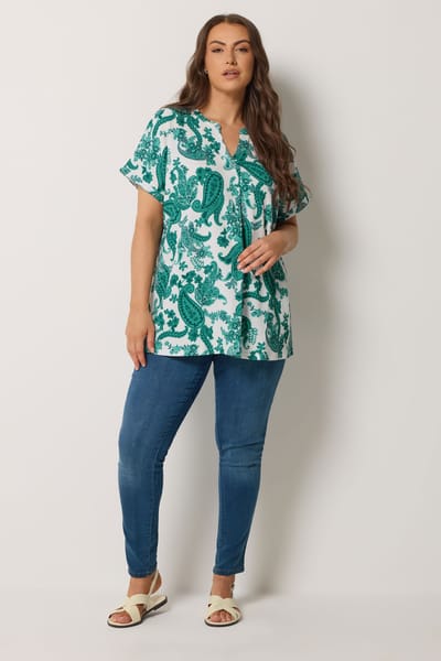 Yours Marineblauwe Paisley Top Met Plooien Aan De Voorkant Size 42