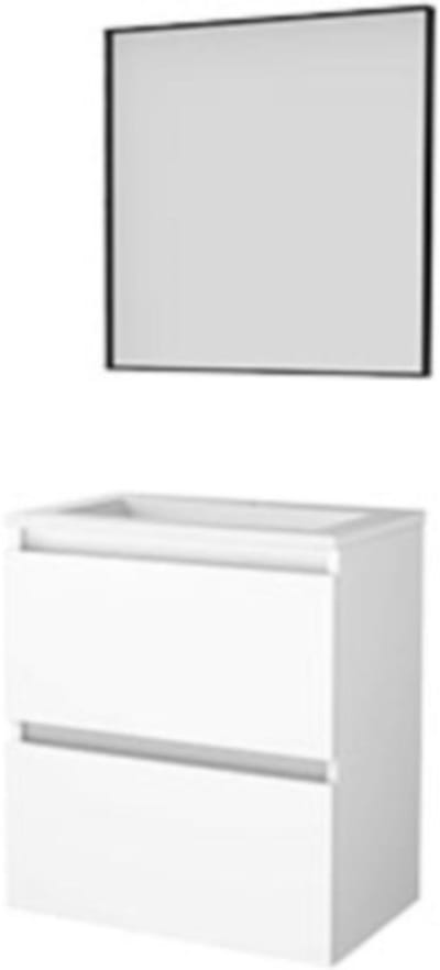 Basic-Line Framed 39 Badkamermeubelset - Ondiep - 60 x 39 cm - Greeploos - 2 Lades - Acryl Wastafel - 1 Kraangat - Spiegel met Zwart Aluminium Frame - Ice White