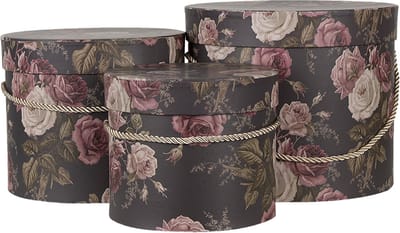 Clayre & Eef Hoedendoos Set van 3 Ø 23x20 cm Zwart Roze Karton Bloemen