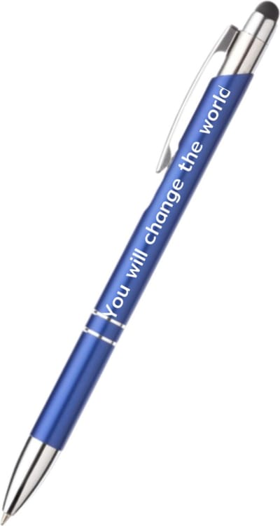 Akyol - you will change the world pen - blauw - gegraveerd - Quotes pennen - collega - pen met tekst - leuke pennen - grappige pennen - werkpennen - stagiaire cadeau - cadeau - bedankje - afscheidscadeau collega - welkomst cadeau - met soft touch