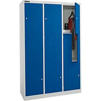 Garderobekast, 6 vakken met hoedenplank & kledingstang en 6 vakken, Z-deuren, cilinderslot, met sokkel, B 1200 x D 450 x H 1850 mm, staal met poedercoating, lichtgrijs/gentiaanblauw