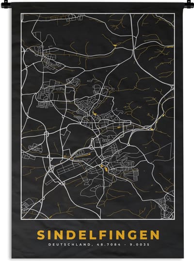 Wandkleed - Wanddoek - Duitsland – Black and Gold – Sindelfingen – Stadskaart – Kaart – Plattegrond - 120x180 cm - Wandtapijt