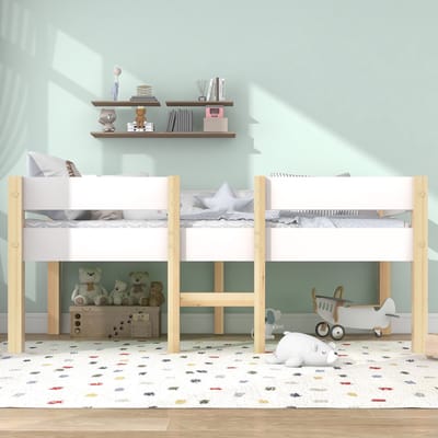 Halfhoogslaper 90x190 cm met Ladder en Valbeveiliging - Kinderbed van Massief Grenenhout met Lattenbodem en Opbergruimte - Wit/Eiken