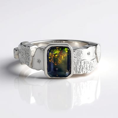 Cavill - 925 Sterling Zilver Ring - 0,78 ct Achthoekige Ethiopische Mezezo Opaal - Platina Geplateerd - 3 Zirkonia - Elegante Damesring