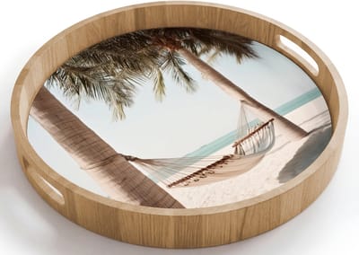 Dienblad rond 40x40 cm - Schootdienblad hout - Hangmat - Palmbomen - Strand - Zee - Borrelplank rechthoek - Plateau houten dienbladen