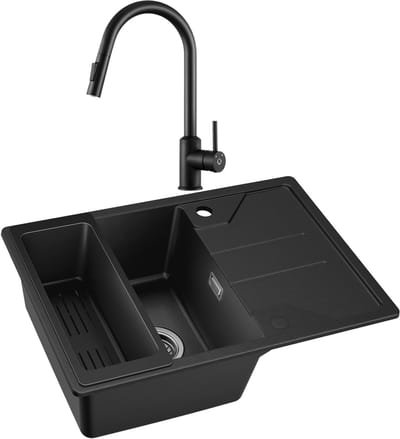 CECIPA max Spoelbak Keuken 65x45cm - Graniet Spoelbakken Met Keukenkraan - Multifunctionele Spoelbak Met Planchet en Afvoermand - Met waterafvoersysteem - Voor 45 cm kast - Zwart