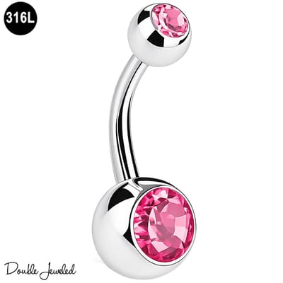 Navelpiercing Roze Zirkonia Chirurgisch Staal 316L – 10mm – 1.6mm - Double Jeweled