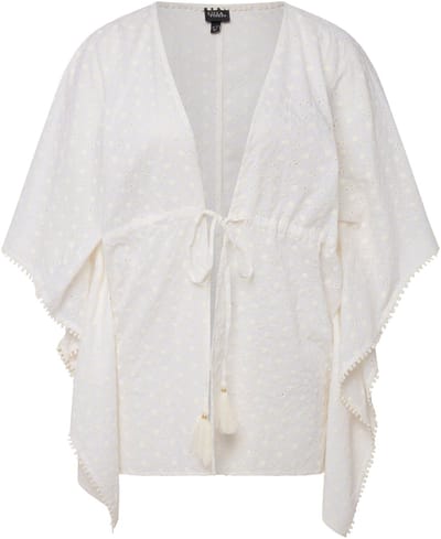 Ulla Popken - Dames - kimonoblouse opengewerkt kant oversized 3/4-mouwen - Sneeuwwit - Maat 2+
