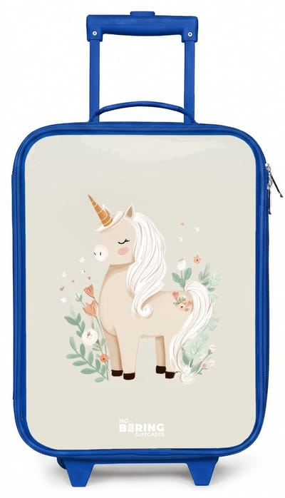 NoBoringSuitcases.com® - Kinderkoffer blauw - Kindertrolley jongen - Eenhoorn tussen bloemen in beige kleuren - Koffer kind lichtgewicht - Reiskoffer trolley voor kinderen - Koffertje met lichtgevende wieltjes - Rolkoffer