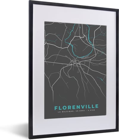 Fotolijst incl. Poster - België – Florenville – Stadskaart – Kaart – Blauw – Plattegrond - 30x40 cm - Posterlijst
