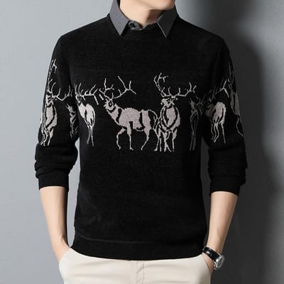 Heren herfst en winter vakantie tweedelig overhemdkraag trui nieuwe stijl met fluweel en verdikking heren trendy casual geborduurd gebreid XXXXL black