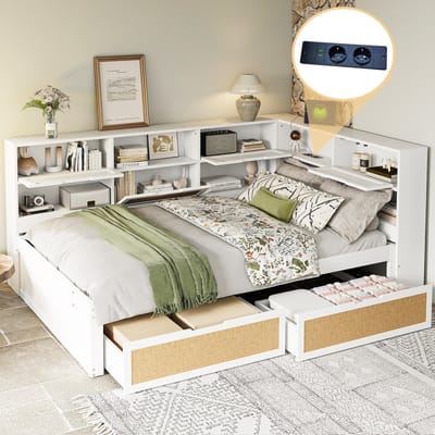 Sweiko Slaapbank - 140*200 cm - Met 2 Laden - Meerdere opbergvakken - Kinderbed - Wit