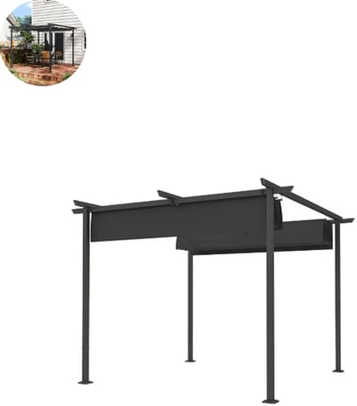 Pergola - 3 x 3 m - Prieel - Paviljoen - Terras - Weerbestendig - Metalen Frame - Met zonwering - Donkergrijs