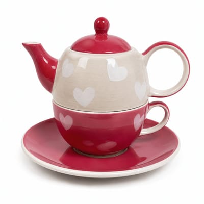 Tea for One Set Hartjes - Handgeschilderd Keramiek - Theepot met Kop en Schotel - Roze Wit - 3-delige Theeset voor 1 Persoon