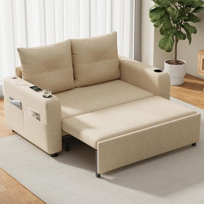 Slaapbank 2-zits 187 x 106 cm - Uitschuifbare Multifunctionele Bank met USB, Type-C, Bekerhouders, Opbergtas en Kussens - Beige - Vermissen