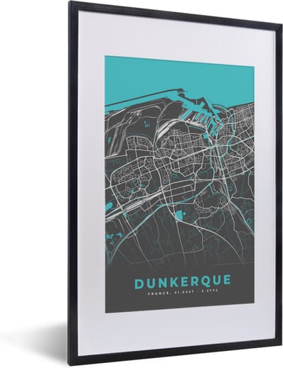 Fotolijst incl. Poster - Frankrijk - Kaart - Dukerque - Stadskaart - Plattegrond - 40x60 cm - Posterlijst