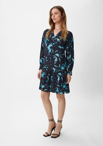 Midi-jurk met lange mouwen van bedrukt viscose met V-hals voor vrouwen COMMA