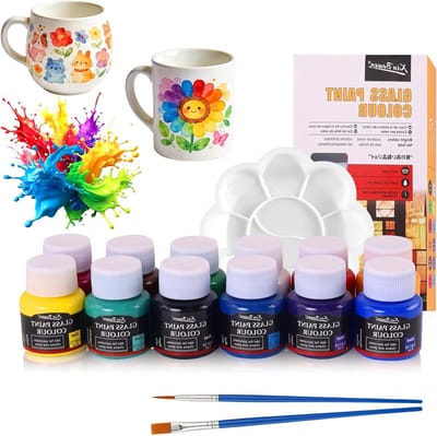 Complete Schilderset voor Keramiek - 12 x 25 ml Porseleinverf, Vaatwasserbestendig, Inclusief Palet en 2 Penselen voor Glas, Mok, Klei en Steen