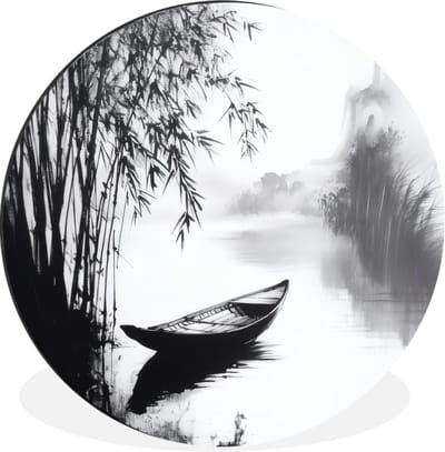 WallCircle - Wandcirkel - Muurcirkel - Boot - Rivier - Bamboe - Wit - Aluminium - Dibond - 30x30 cm - Binnen en Buiten
