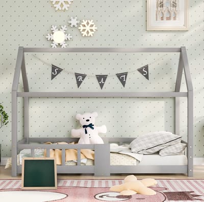 MEUNIQ Kinderbed huisbed 90 x 200 cm met lattenbodem, uitvalbeveiliging en krijtbord, grijs houten bedframe voor kinderkamer, zonder matras