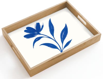 Dienblad hout 40x30 cm - Schootdienblad - Bloem - Blaadjes - Minimalistisch - Blauw - Borrelplank rechthoek - Plateau dienbladen