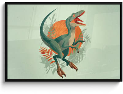Poster in lijst - Fotolijst 120x80 cm - Posters - Dino - Bladeren - Grafisch - Groen - Posterlijst zwart - Decoratie - Wanddecoratie woonkamer - Muurdecoratie slaapkamer